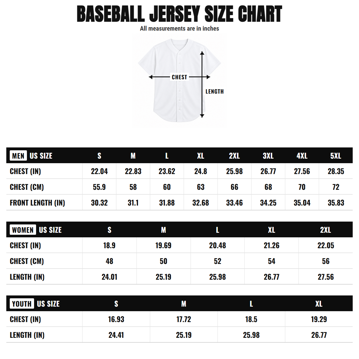 Baseball jersey size chart