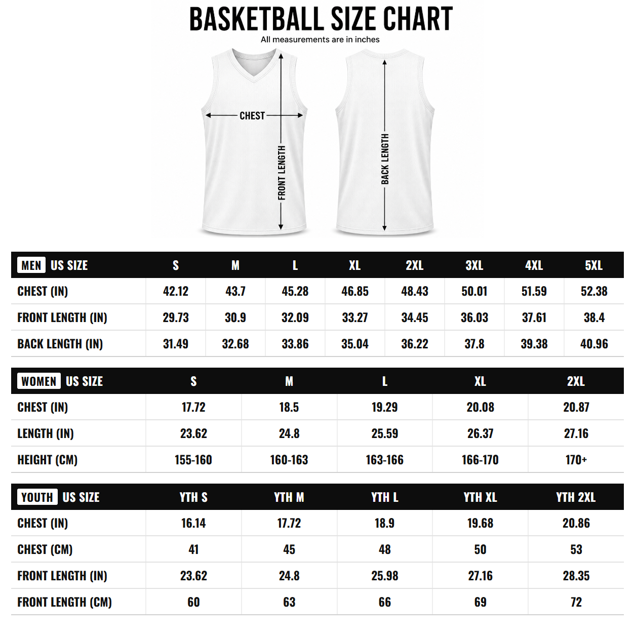 Basketball jersey size chart