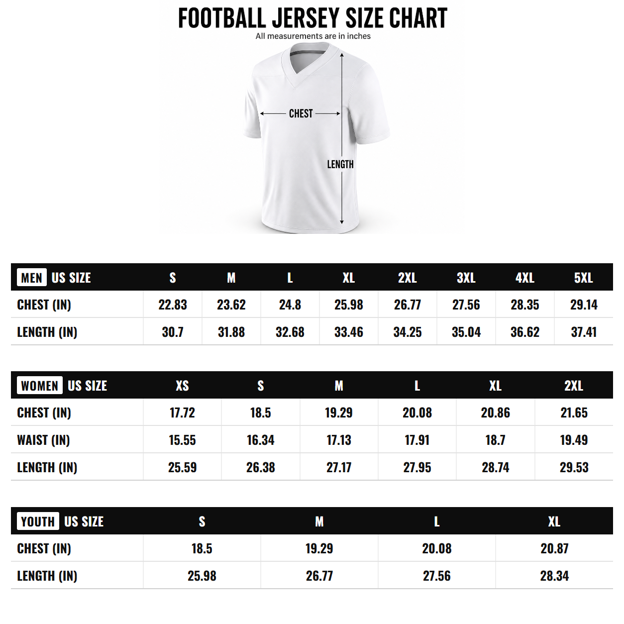 Football jersey size chart