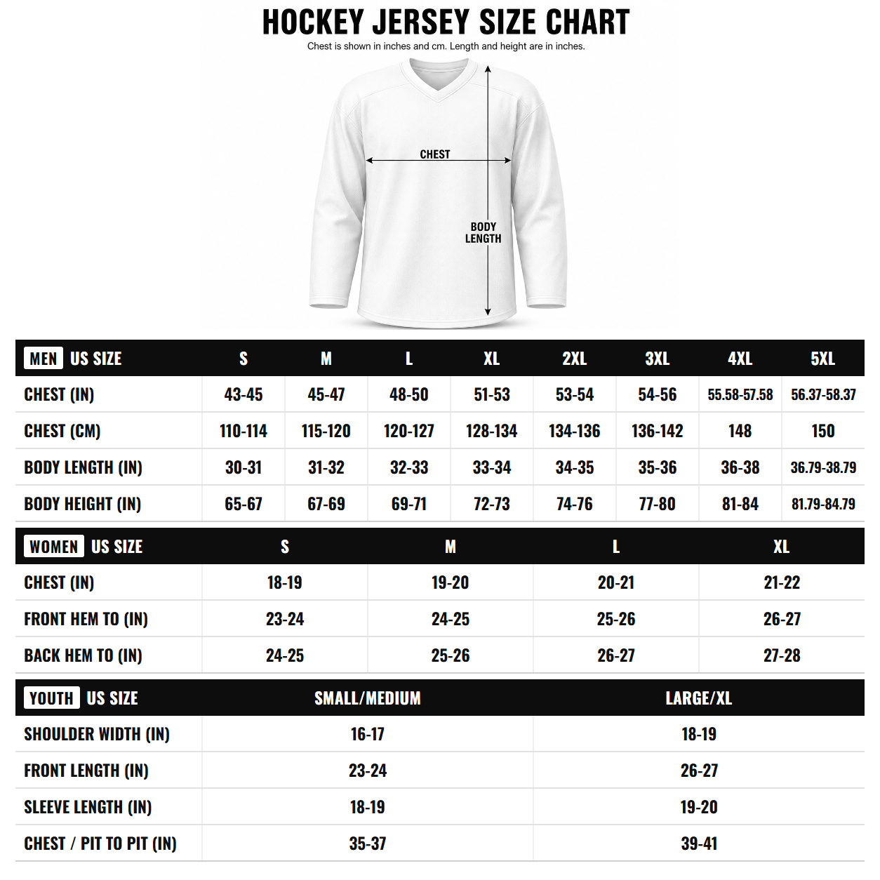 Hockey jersey size chart