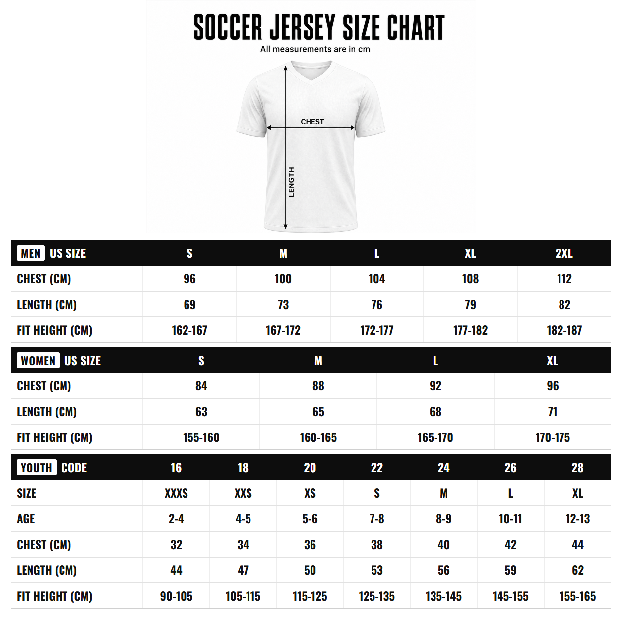 Soccer jersey size chart